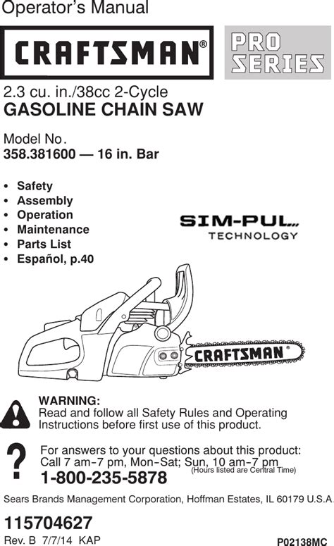 Craftsman Pro 38Cc 16 Gas Chainsaw Owners Manual 115704627