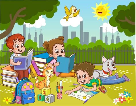 Premium Vector | A cartoon illustration of kids reading books in a park.