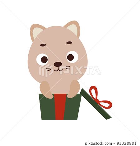 Cute little cat sitting in gift box. Cartoon... - Stock Illustration [93328981] - PIXTA