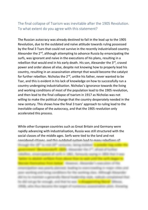 Imperial Russia/ fall of Tsarism essay | Modern History - Year 11 HSC | Thinkswap