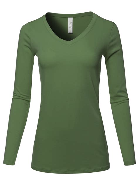 A2Y Women's Basic Solid Soft Cotton Long Sleeve V-neck Top T-shirt Army ...