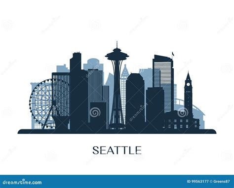 Seattle Skyline, Monochrome Silhouette. Editorial Photography - Illustration of space, poster ...