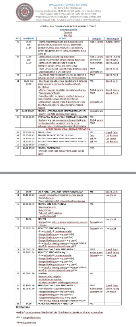 Contoh Rundown Pernikahan Di Gedung - SIMAWAR ENTERPRISE