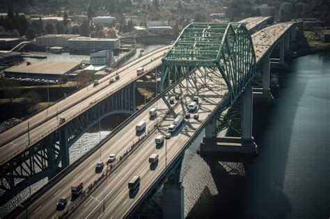 Premium AI Image | Aerial view of towering bridge with cars and trucks ...