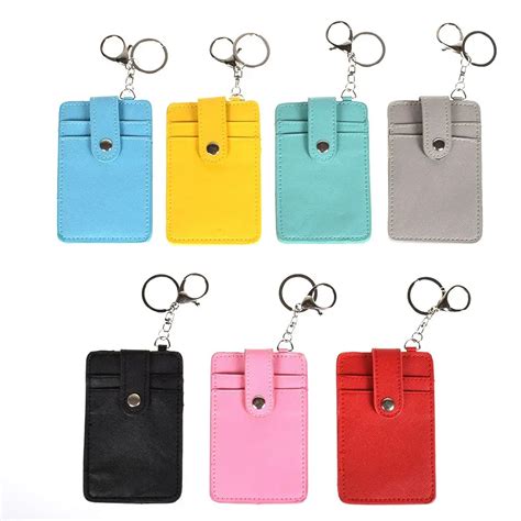 3 Layer ID Card Holder PU Leather Pocket Case Badge Holder Cover With Keychain Key Ring Card ...