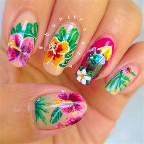 Tropical drink nails, nail art, hibiscus nails, summer nails, acrylic painting on nails ...