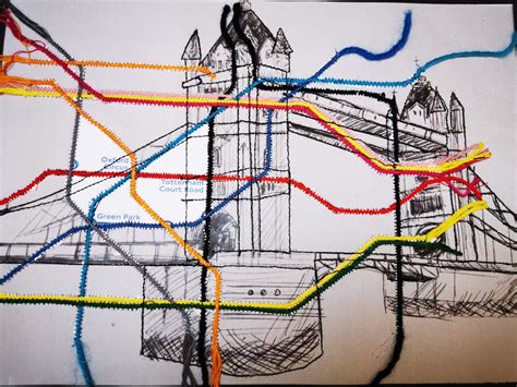 Biro Tower Bridge with Tube Map | Textiles sketchbook, London tube map art, A level textiles