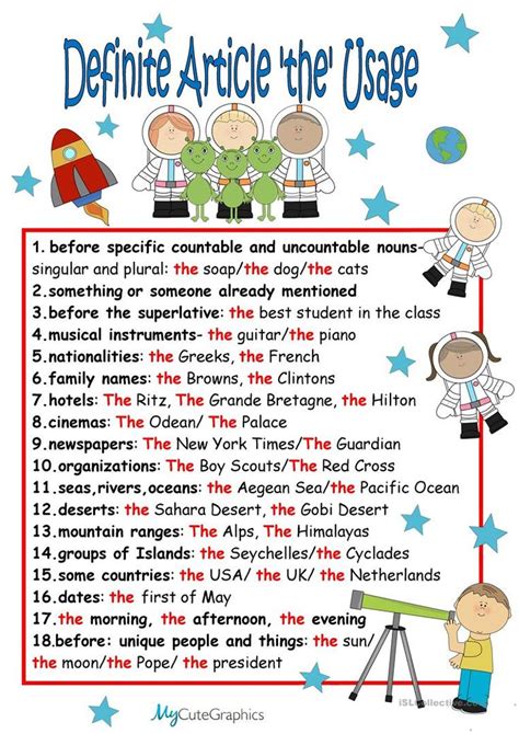 Chart: Definite Article 'the' - English ESL Worksheets for distance ...