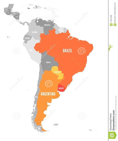 Map Of MERCOSUR Countires. South American Trade Association. Orange Highlighted Member States ...