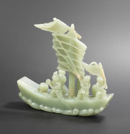 Bonhams : A pale green jade carving of a sail boat with figures 19th ...