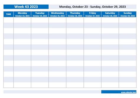 Week 43 2023: dates, calendar and weekly schedule to print