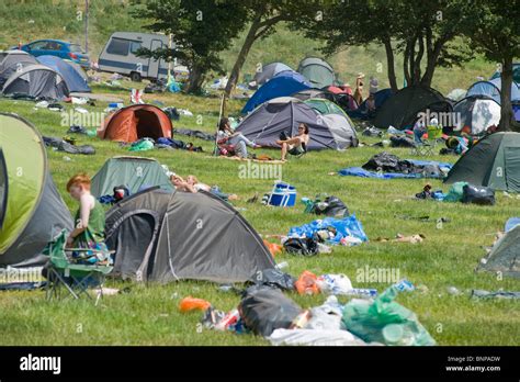 Glastonbury Festival. Camping area at the end of the festival after a lot of people have left ...