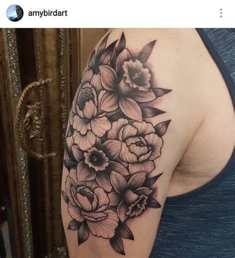 Black and grey daffodils and dotwork peony tattoo by Amy Williams Tattoo | Narcissus tattoo ...