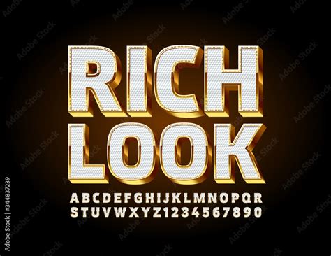 Vector premium logo Rich Look with White and Gold 3D Font. Elegant Alphabet Letters and Numbers ...