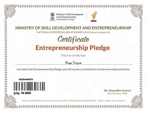 Ministry of Skill Development and Entrepreneurship Certificate