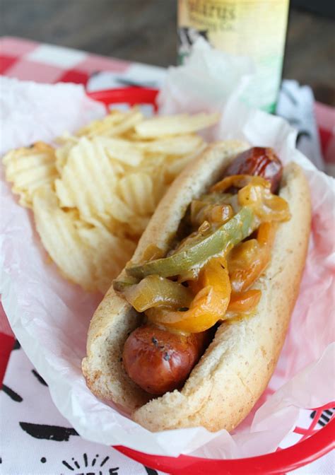 Grilled Brats with Drunken Cheesy Peppers & Onions - Dash Of Evans