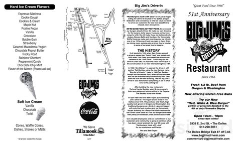 Big Jim's Drive In Restaurant menu in The Dalles, Oregon, USA