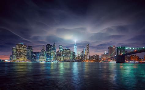 Download Brooklyn Bridge Light City Bridge Night Skyline Man Made New York HD Wallpaper