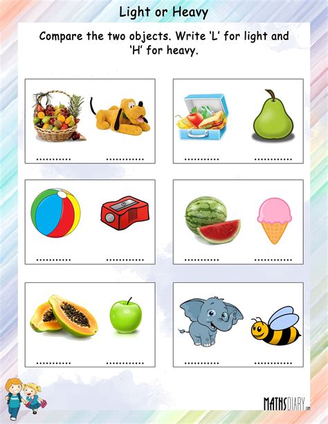 Heavy And Light Worksheet For Class 1