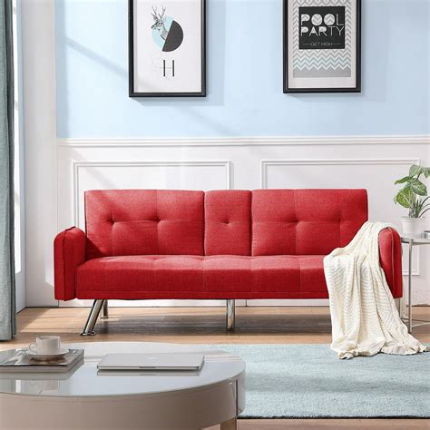 Futon Sofa Bed, Convertible Sleeper Sofa with 2 cup holders, Red ...