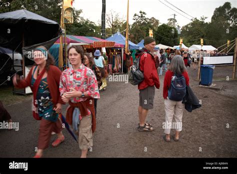 People strolling around stalls at Woodford Folk Festival Queensland ...