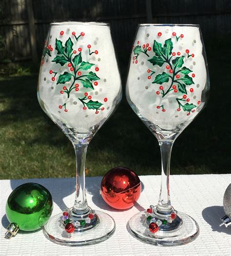 Christmas Wine Glasses Hand Painted Holly and Silver Highlights With ...