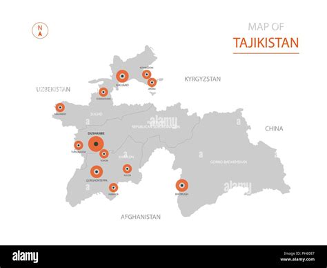 Stylized vector Tajikistan map showing big cities, capital Dushanbe, administrative divisions ...