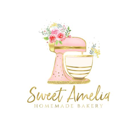 watercolor cake mixer bakery logo design premade pink gold florals elegant flower business card ...