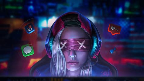 a woman wearing headphones and blindfolds in front of a neon city ...