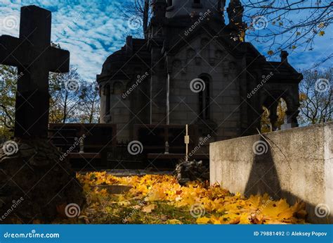 Foggy Graveyard at Night. Old Spooky Cemetery in Moonlight through the Trees Stock Photo - Image ...