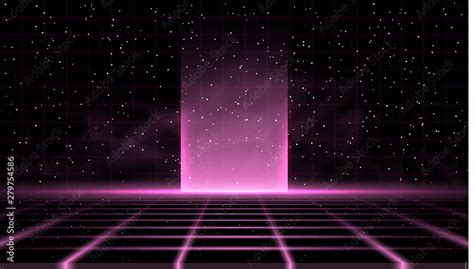 Synthwave vaporwave retrowave pink background with great glow in the middle, laser grid, starry ...
