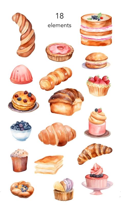 a watercolor painting of different types of pastries