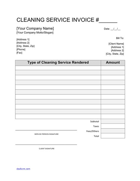 Cleaning service invoice template in Word and Pdf formats