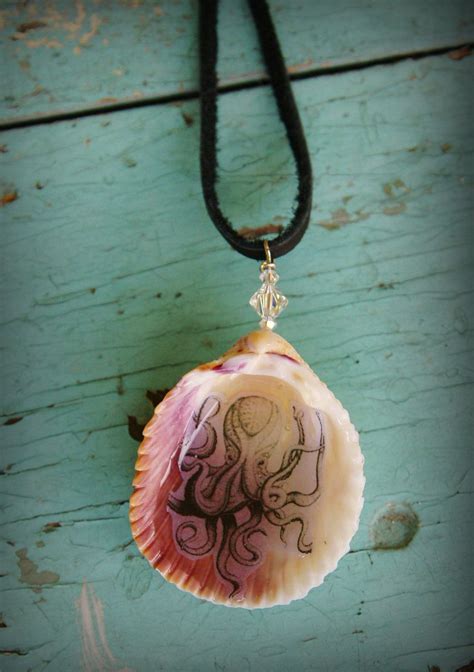 Pretty Octopus Cockle Shell Swarovski Crystal Necklace ~ Scallop Shell beach surf jewelry ...