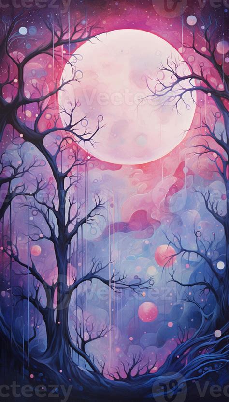 painting of a full moon in a purple sky with trees. generative ai. 28515543 Stock Photo at Vecteezy