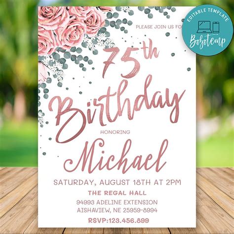 Editable Rose Gold Woman 75th Birthday Invitations Instant Downlo | Createpartylabels