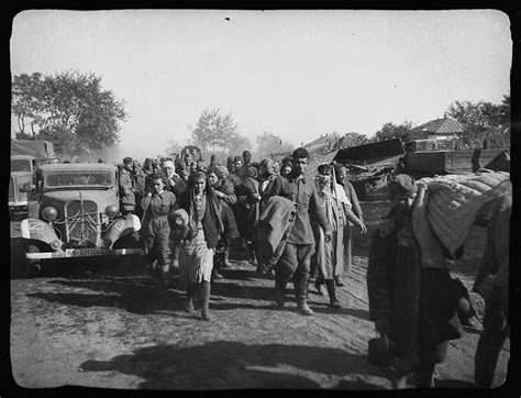 A column of Red Army prisoners. The identification mark of the 298th Infantry Division (deer ...