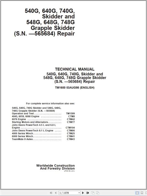 John Deere Skidder and Grapple Skidder 540G to 748G Repair Technical Manual