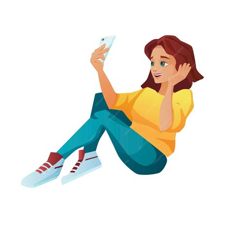 Premium Vector | Pretty girl taking selfie on mobile phone. brunette woman sitting and talking ...
