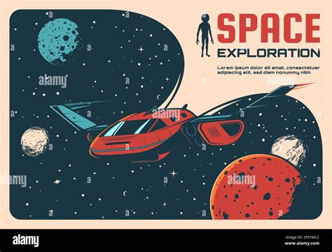 Space exploration adventure retro poster. Future spaceship or rocket ...