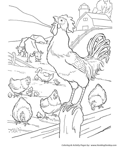 Farm Life Coloring Pages | Printable Farm barn and a rooster Coloring ...