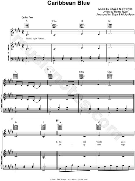 Enya "Caribbean Blue" Sheet Music in E Major (transposable) - Download ...