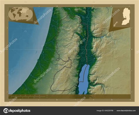 West Bank Region Palestine Colored Elevation Map Lakes Rivers Corner ...