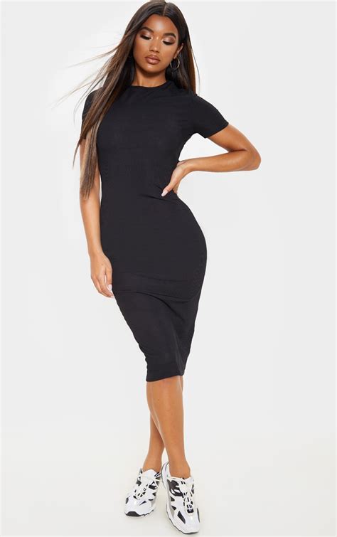 Black Ribbed Crew Neck Midi Dress | Dresses | PrettyLittleThing IE