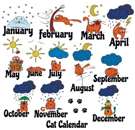 Cat calendar. Funny cat drawn by hand at different times of the year ...