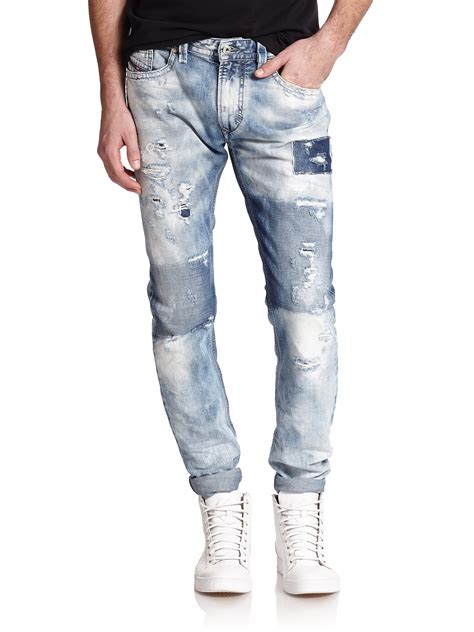 Lyst - Diesel Thavar Distressed Patchwork Slim-fit Jeans in Blue for Men