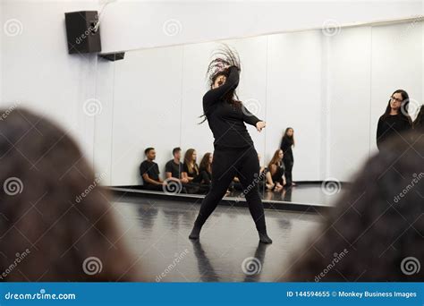 Female Student at Performing Arts School Performs Street Dance for Class and Teacher in Dance ...