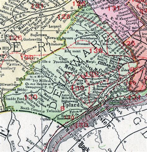 Delaware County, Pennsylvania. 1911, Map, Chester, Media, Marcus Hook, Darby, Folcroft ...