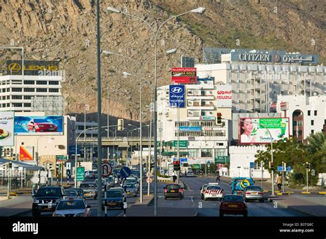 Oman, Muscat, Ruwi. Ruwi Commercial District, Morning Traffic on Al ...