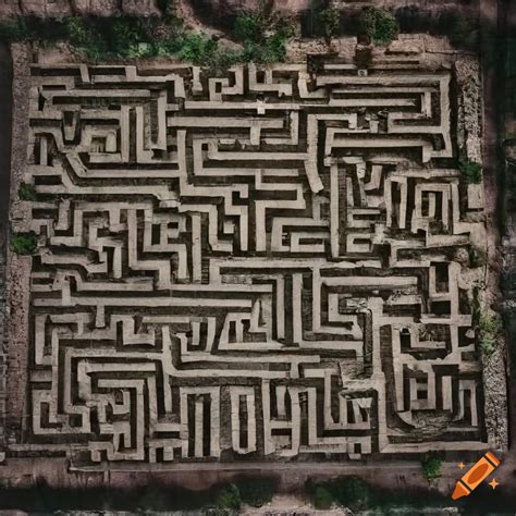 Aerial view of a stone maze with creepers